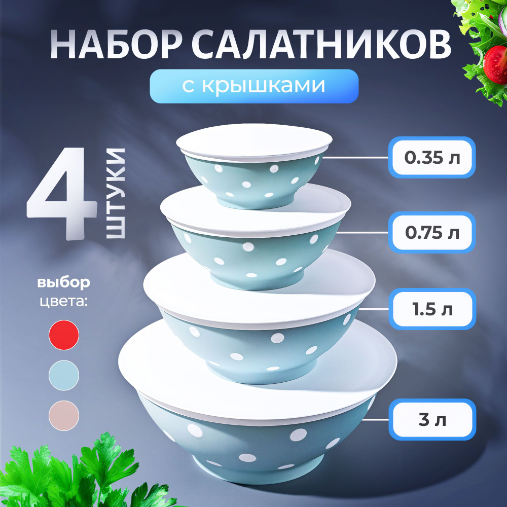 Набор салатников с крышками пластиковые, 4 шт, 350 мл, 750 мл, 1500 мл, 3000 мл  #1