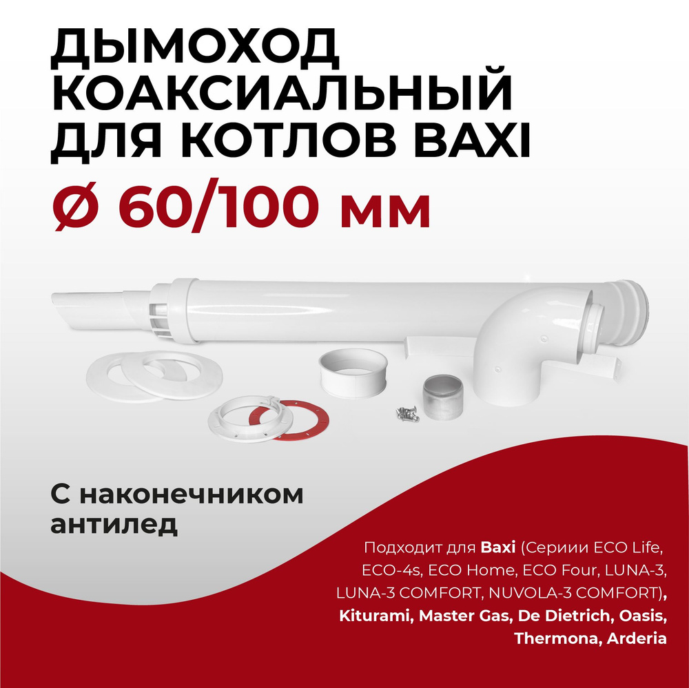 Дымоход (комплект) коаксиальный с наконечником антилед М "Прок" 60/100 мм для котлов Baxi 950 мм  #1