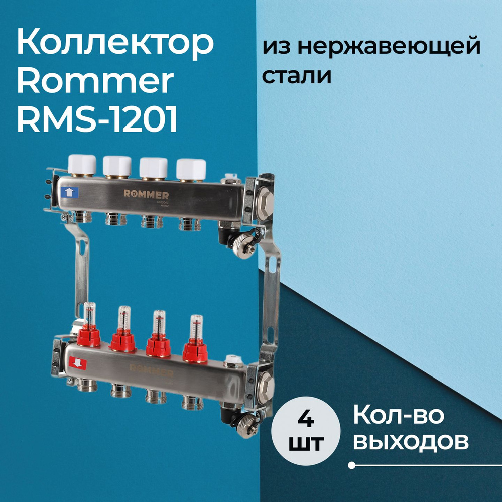 Коллектор Rommer RMS-1201 с расходомерами, клапаном выпуска воздуха и сливом на 4 выхода  #1