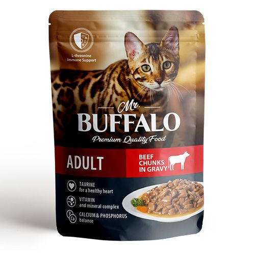 Mr.Buffalo Adult Beef / Паучи Мистер Бафало для взрослых кошек Говядина в соусе, 85г х 28шт  #1