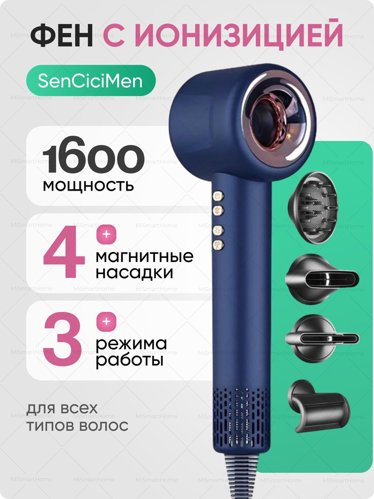 Фен для волос профессиональный Sencicimen X13 синий с 4 насадками, диффузором, мощный, ультралегкий с #1