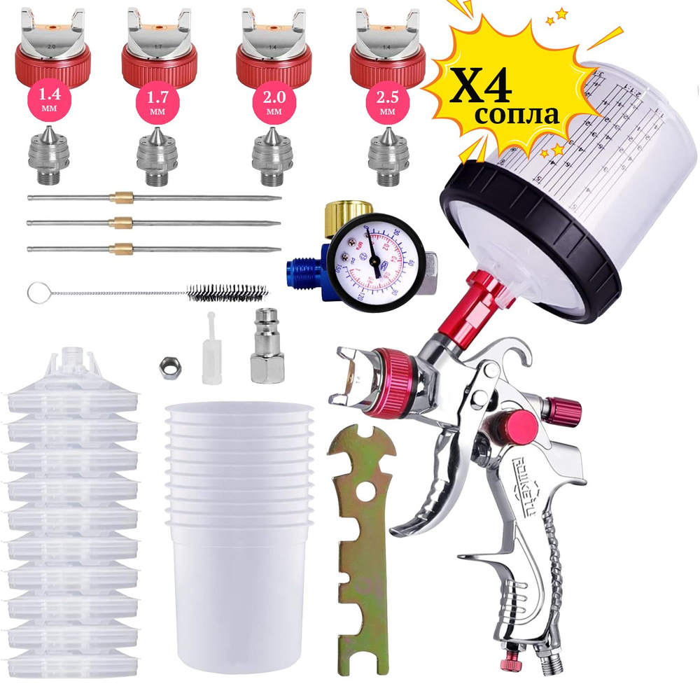 Краскопульт пневматический Дюзы: 1.4/1.7/2.0/2.5 мм(профессиональный краскораспылитель) Spray gun с верхним #1