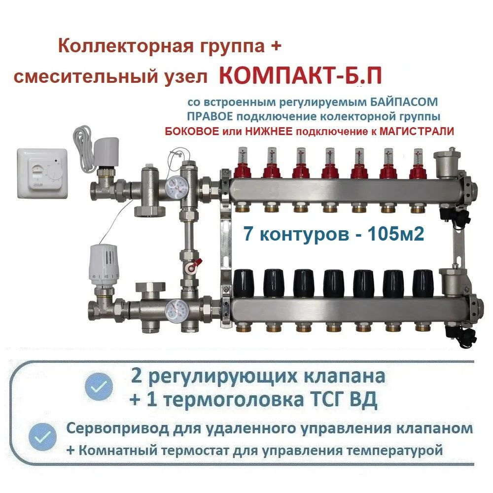 Комплект коллекторов теплого пола 7 контуров KOMFORT NEW +смесительный узел КОМПАКТ-Б БЕЗ насоса  #1