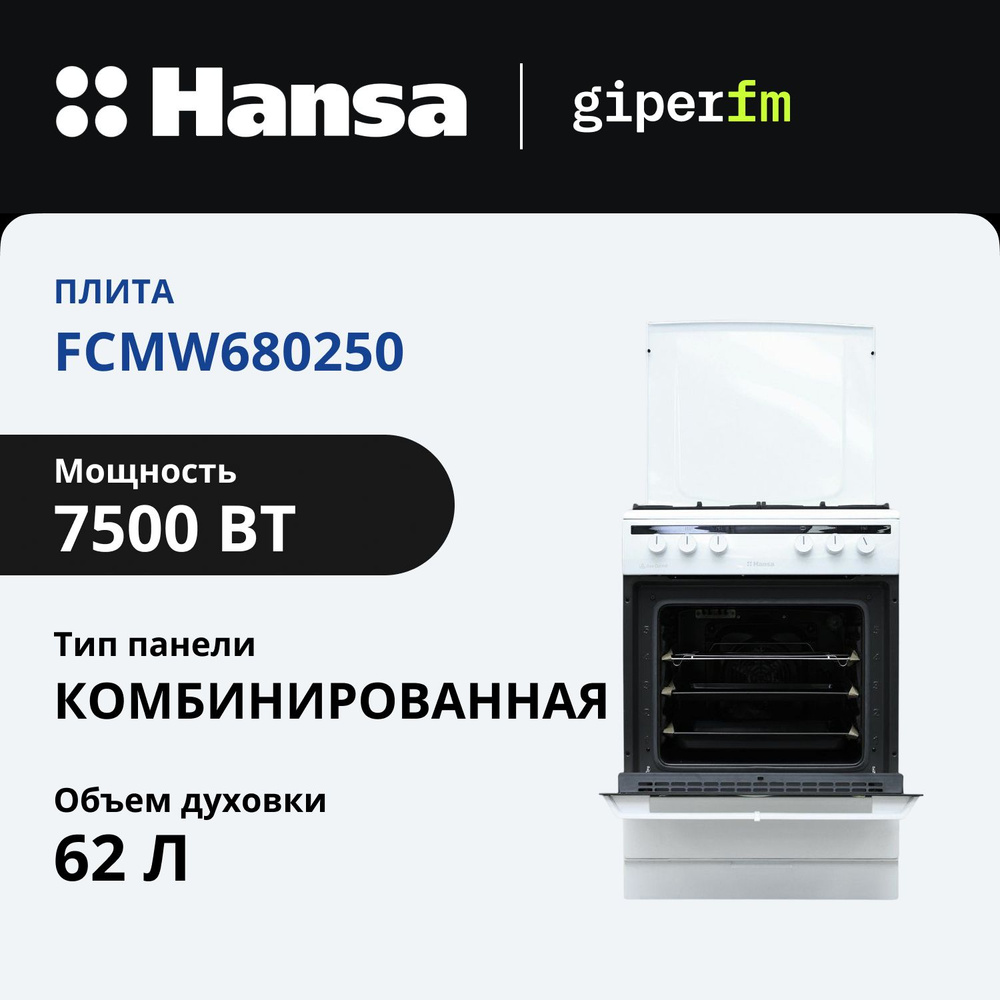 Плита комбинированная Hansa FCMW680250, 4 конфорки, объем духовки - 62 л, эмалированная сталь, чугун, #1