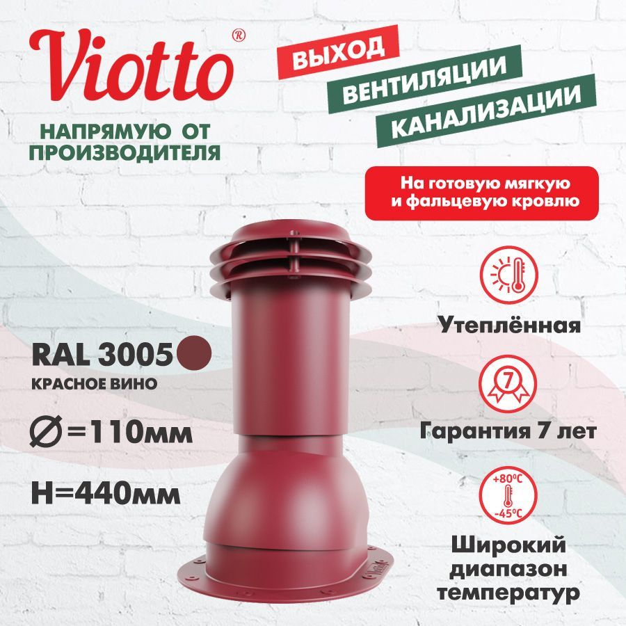 Вентиляционный выход канализации Viotto для мягкой кровли, красное вино (RAL 3005)  #1