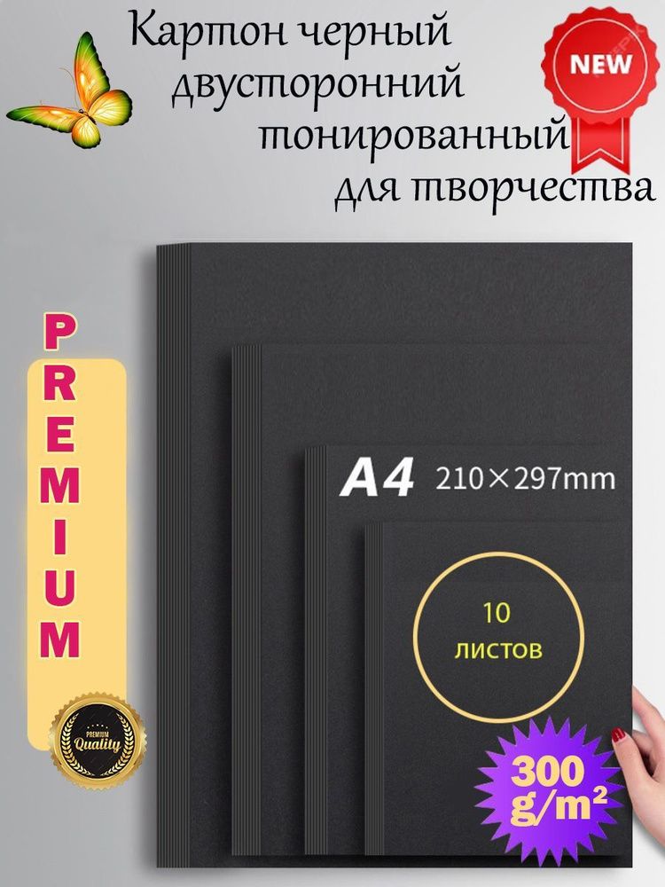 Картон черный А4 300 г/м2 двусторонний тонированный, 10 листов  #1