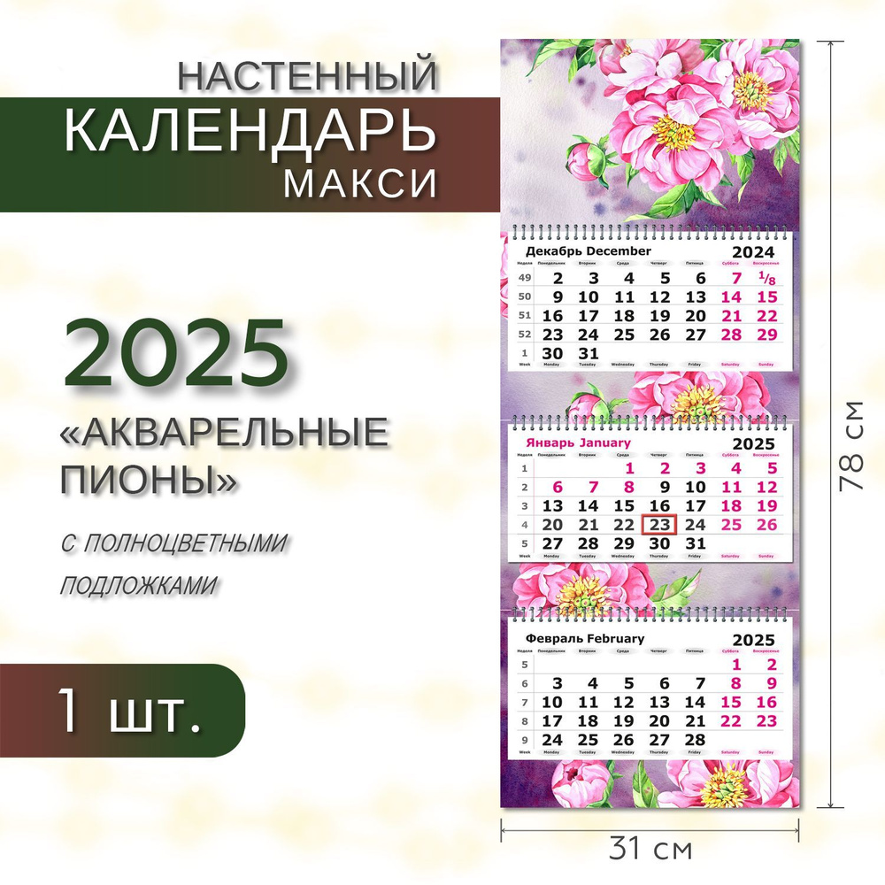 Календарь 2025 настенный трехблочный квартальный отрывной МАКСИ ПОЛИНОМ Акварельные пионы, 31х78см, 1шт/уп #1