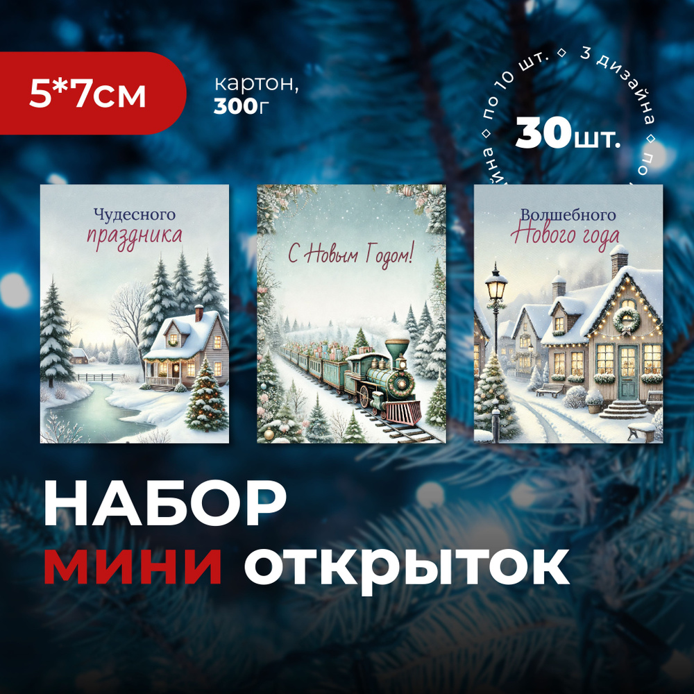 Набор новогодних открыток с заснеженными домиками, 30 шт, картон 300г  #1