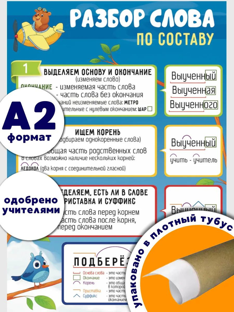 Обучающий плакат Разбор слова по составу для детей школьный купить на ...