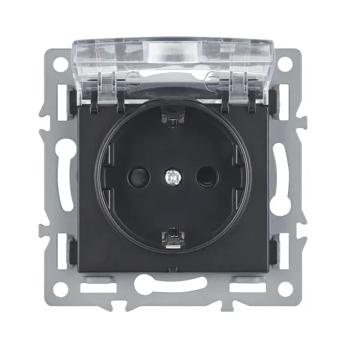 Розетка с крышкой черная (модуль ) с заземлением и защитными шторками,без рамки