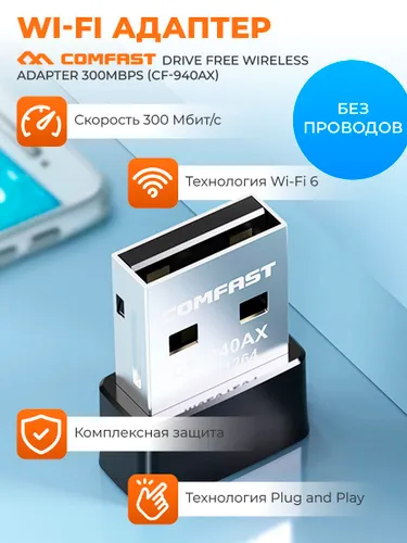 USB Wi-Fi адаптер для компьютера COMFAST Drive Free Wireless Adapter 300Mbps (CF-940AX)
