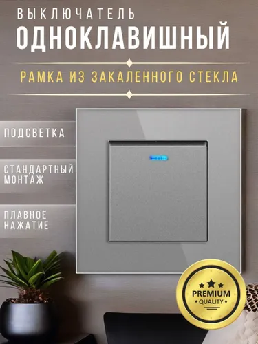 Выключатель одноклавишный серый с рамкой из закаленного стекла