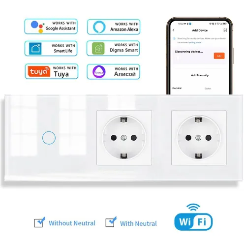 УУмный сенсорный WIFI выключатель с двумя розетками в одной стеклянной белой рамке для Алисы, однокл