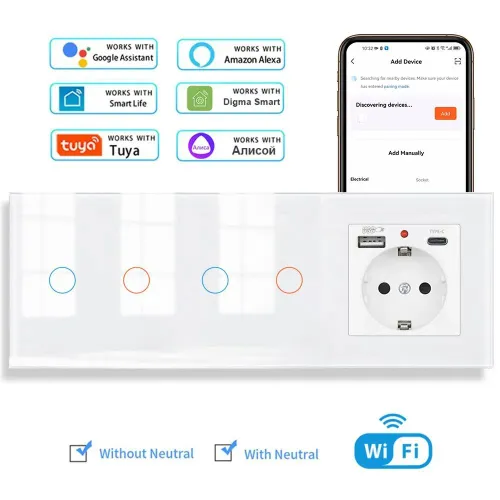 Умный WIFI выключатель с розеткой USB и Type C портами в одной стеклянной Белый рамке, 4клавиши +1 о
