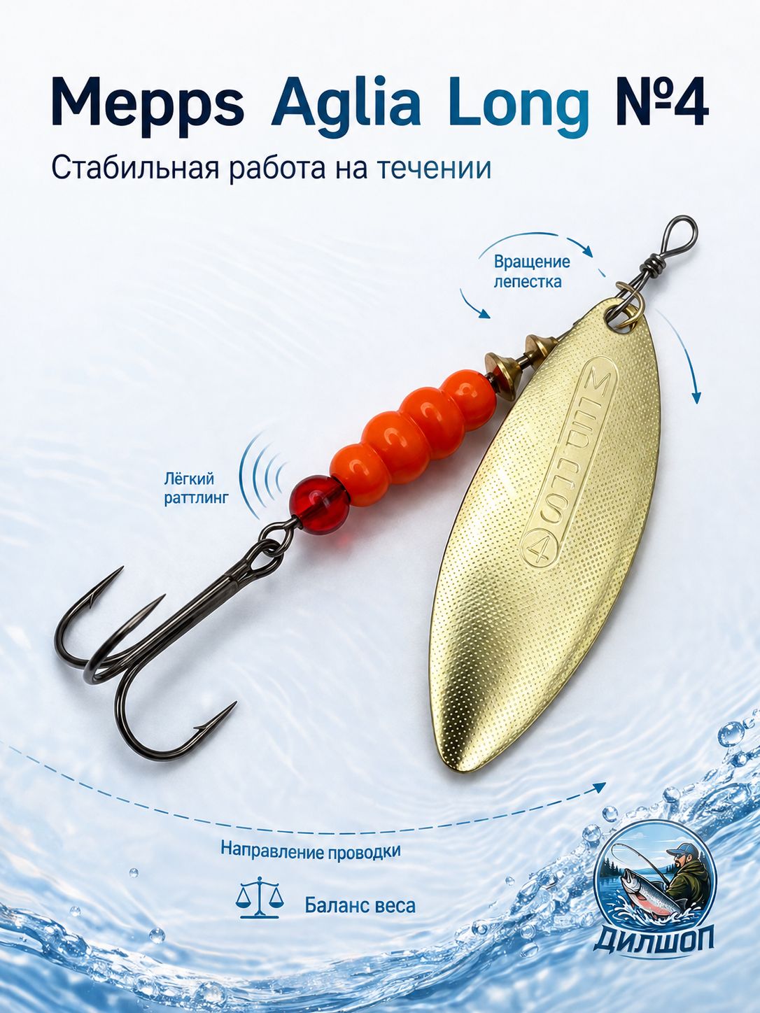 Блесна вращающаяся для рыбалки Mepps AGLIA LONG №4 на щуку, окуня, форель