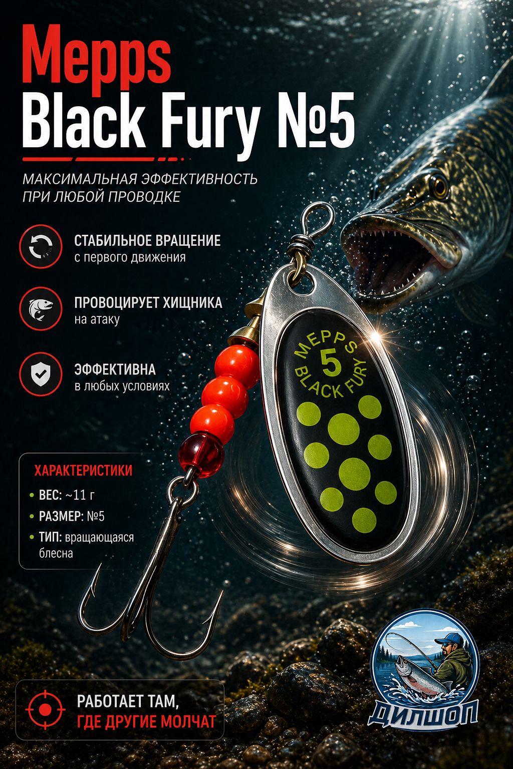 Блесна вращающаяся для рыбалки Mepps BLACK FURY №5 на щуку, окуня, форель