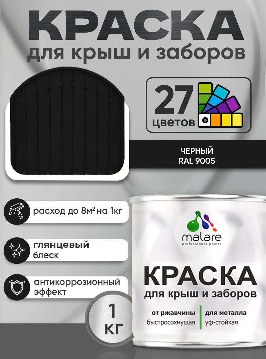 Краска по металлу Malare для крыш и заборов по ржавчине, для наружных работ, быстросохнущая износостойкая RAL 9005 черный, глянцевая, 1 кг
