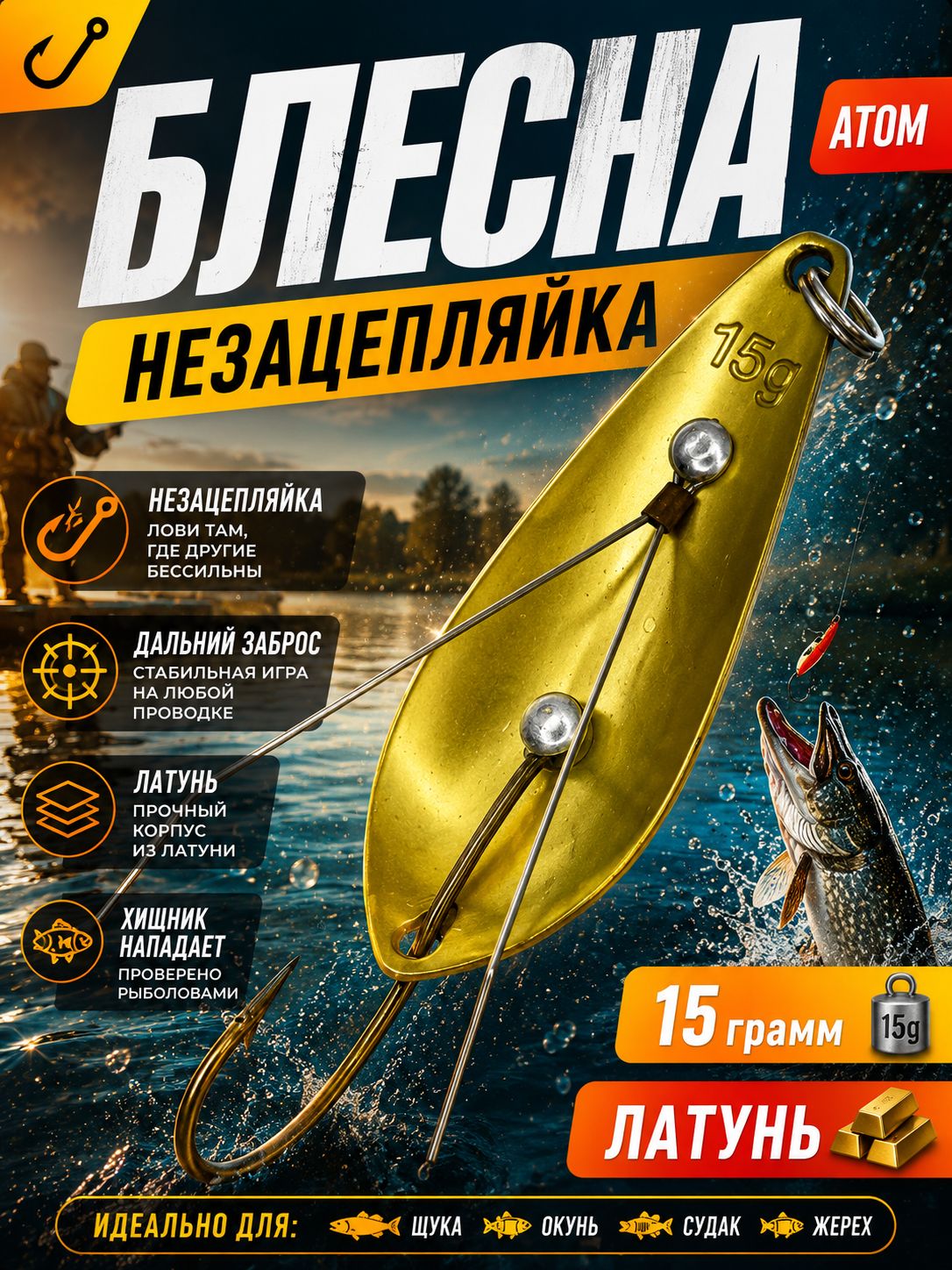 Блесна незацепляйка колебалка атом на щуку, жереха и судака