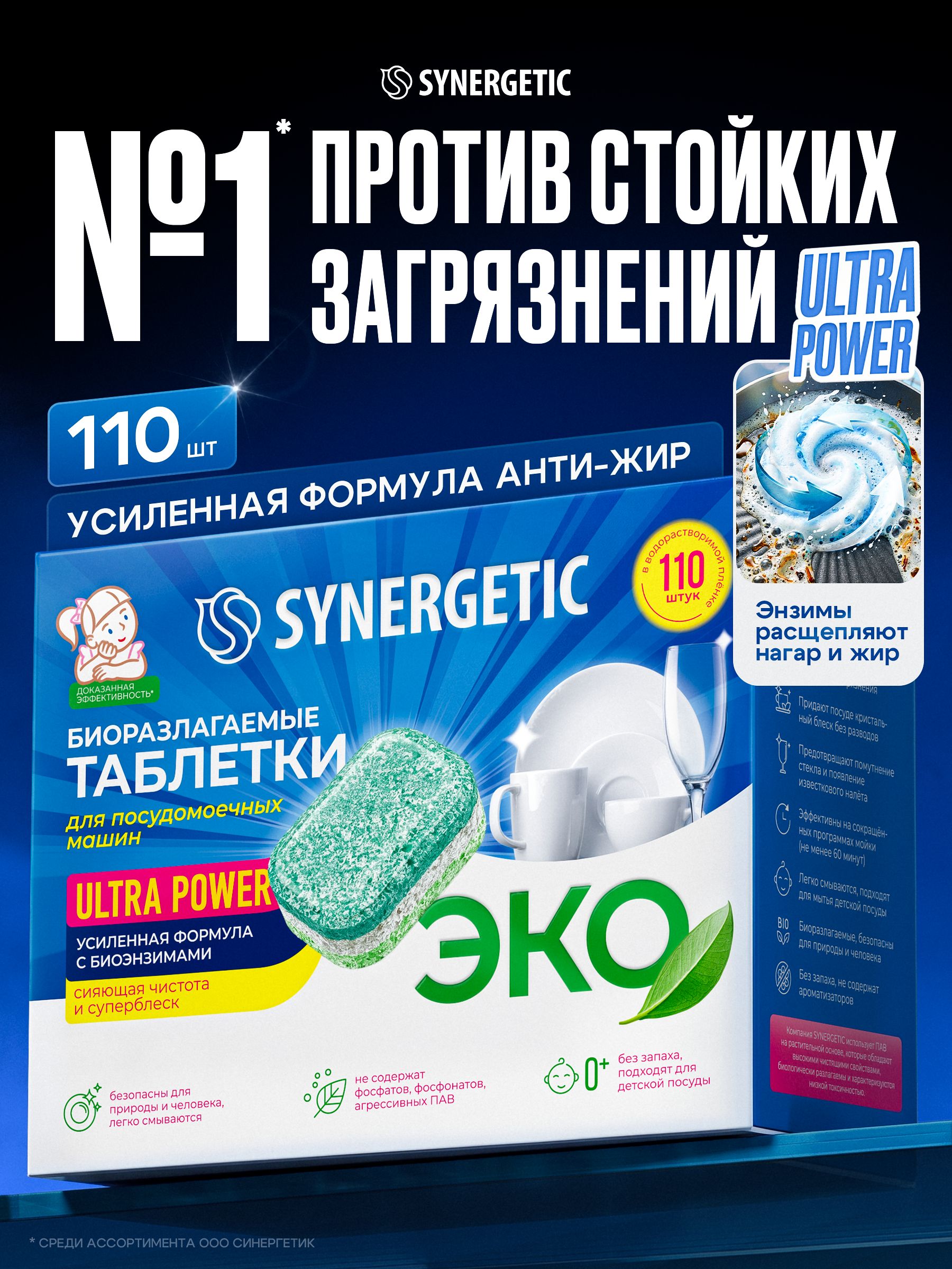 Таблетки для посудомоечной машины SYNERGETIC ULTRA POWER 110 шт, усиленная формула, в водорастворимой пленке, эко