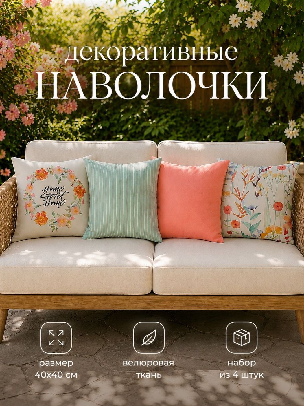 Наволочки декоративные 40х40 - 4 шт, "Flowers", Велюр