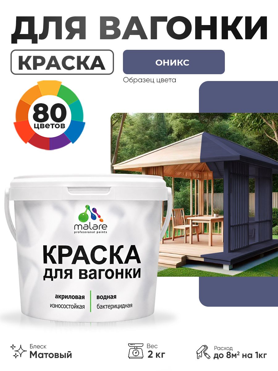 Акриловая краска для вагонки Malare для дерева, для фасадов и интерьера с антисептическим эффектом, быстросохнущая, без запаха, матовая, оникс, 2 кг
