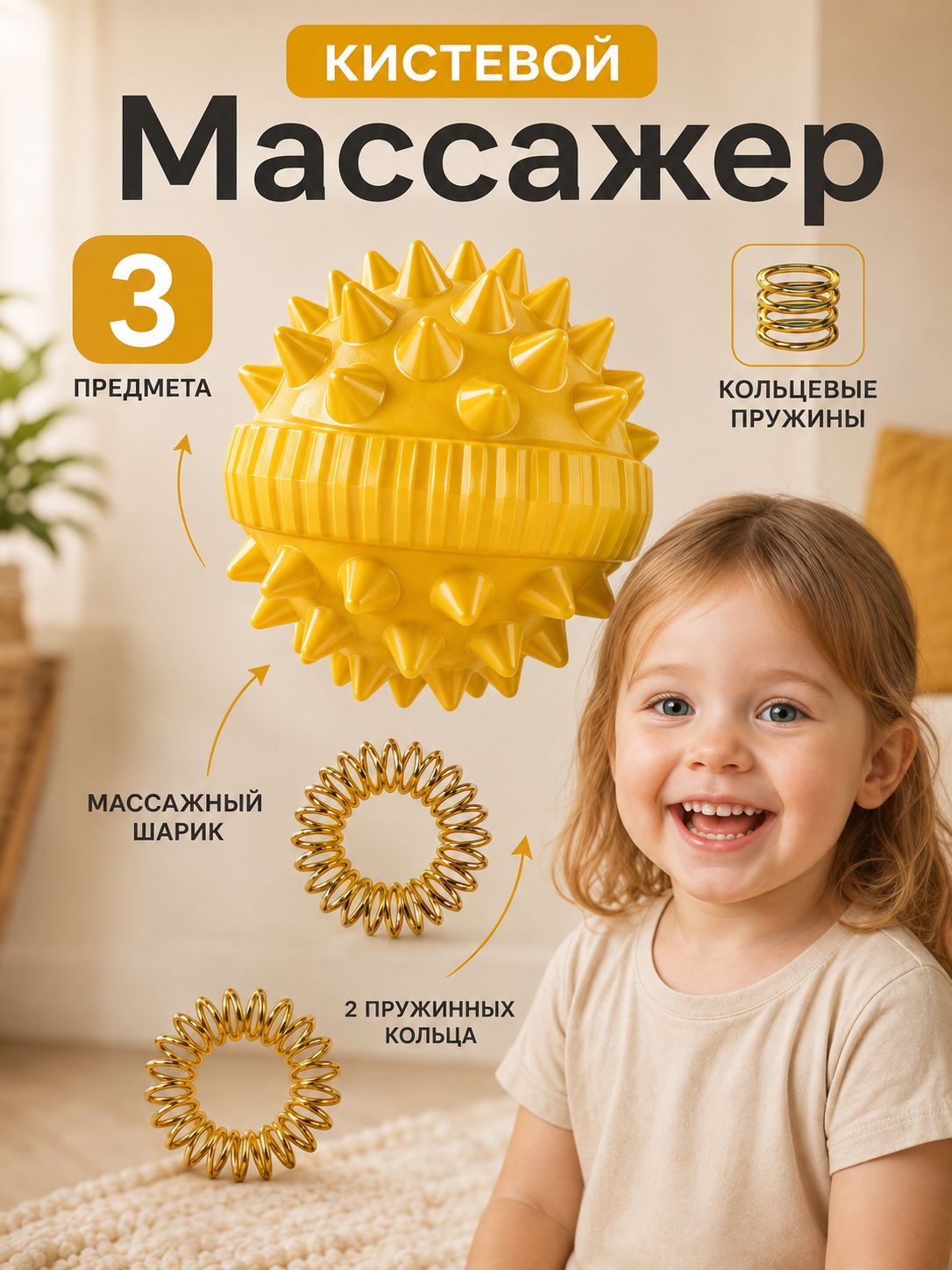 Массажер Су Джок шарик с шипами и 2 кольца для пальцев рук
