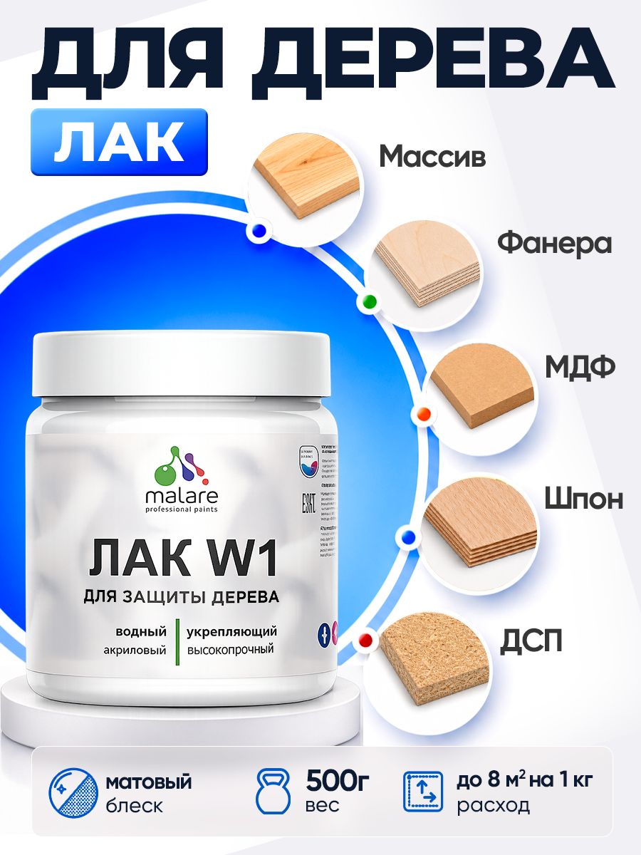 Лак водный для дерева Malare W1 для деревянных и минеральных поверхностей, моющийся без запаха быстросохнущий, бесцветный матовый, 0.5 кг.