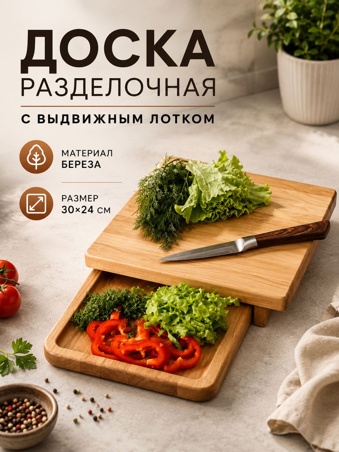 Доска разделочная деревянная, 30х24 см, с выдвижным лотком, Adelica