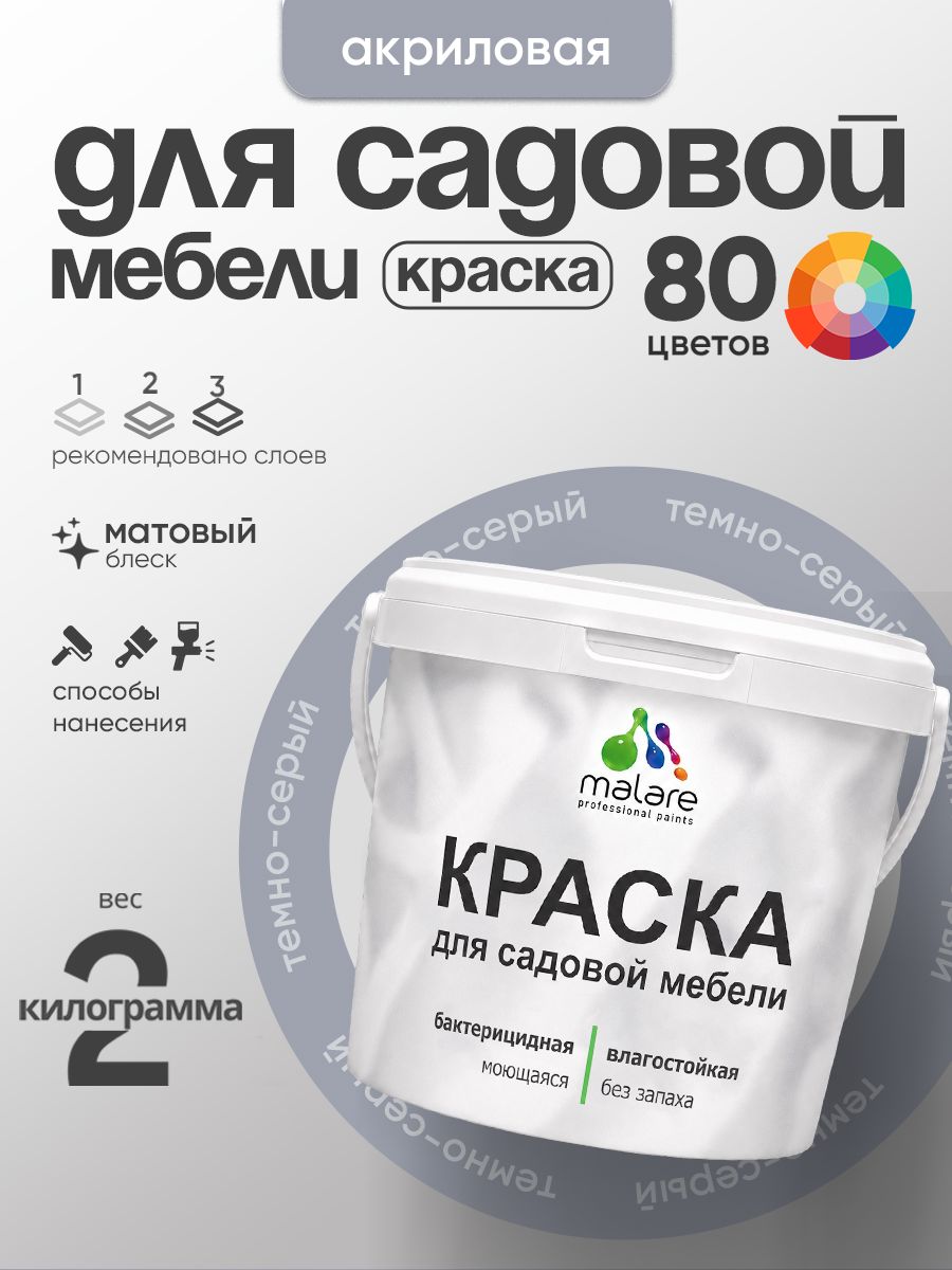 Акриловая краска Malare для садовой мебели/ по дереву, для наружных и внутренних работ/ быстросохнущая моющаяся без запаха матовая, темно-серый, 2 кг