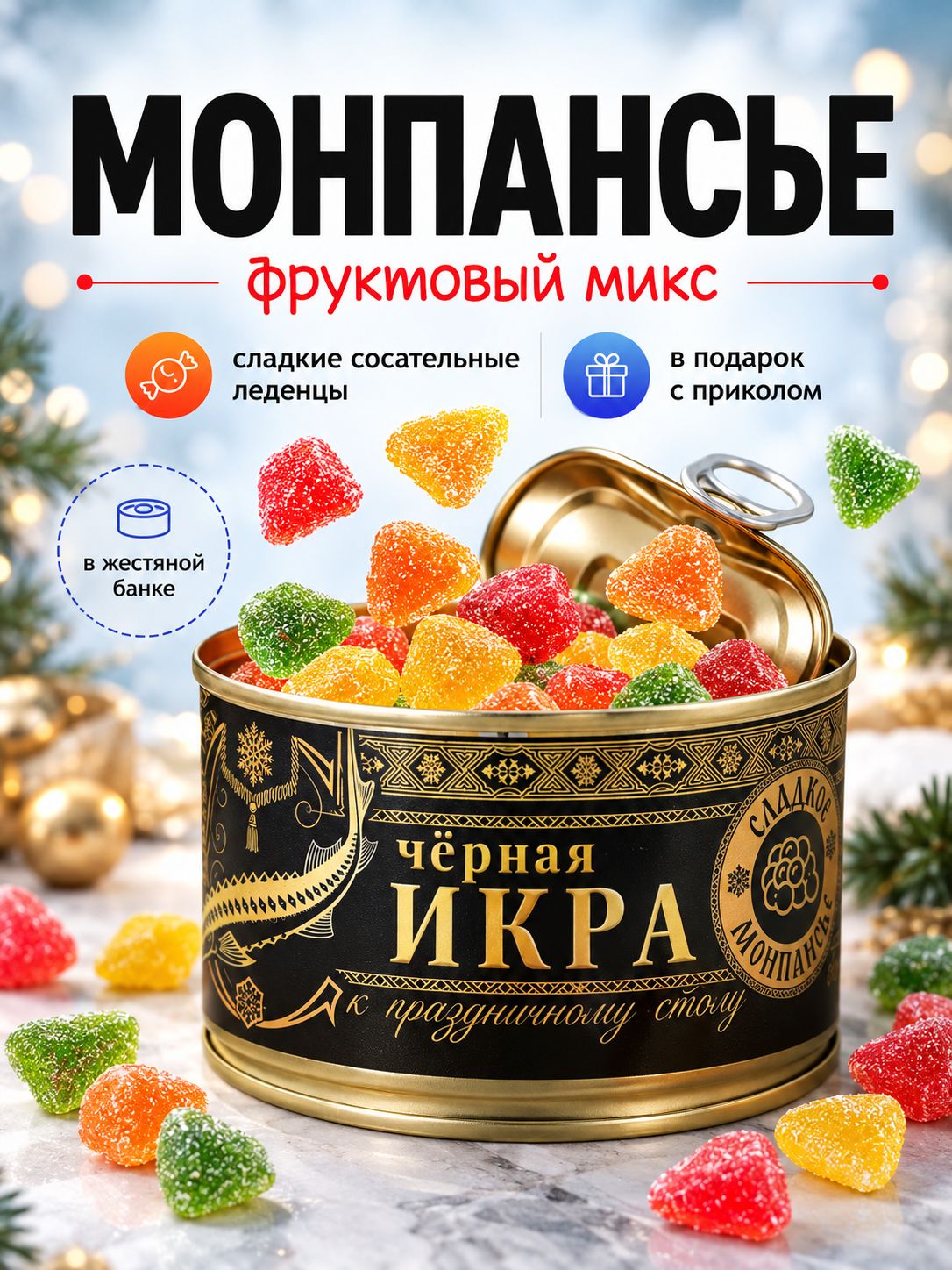 Конфеты монпансье в консервной банке "Чёрная икра", 65 г