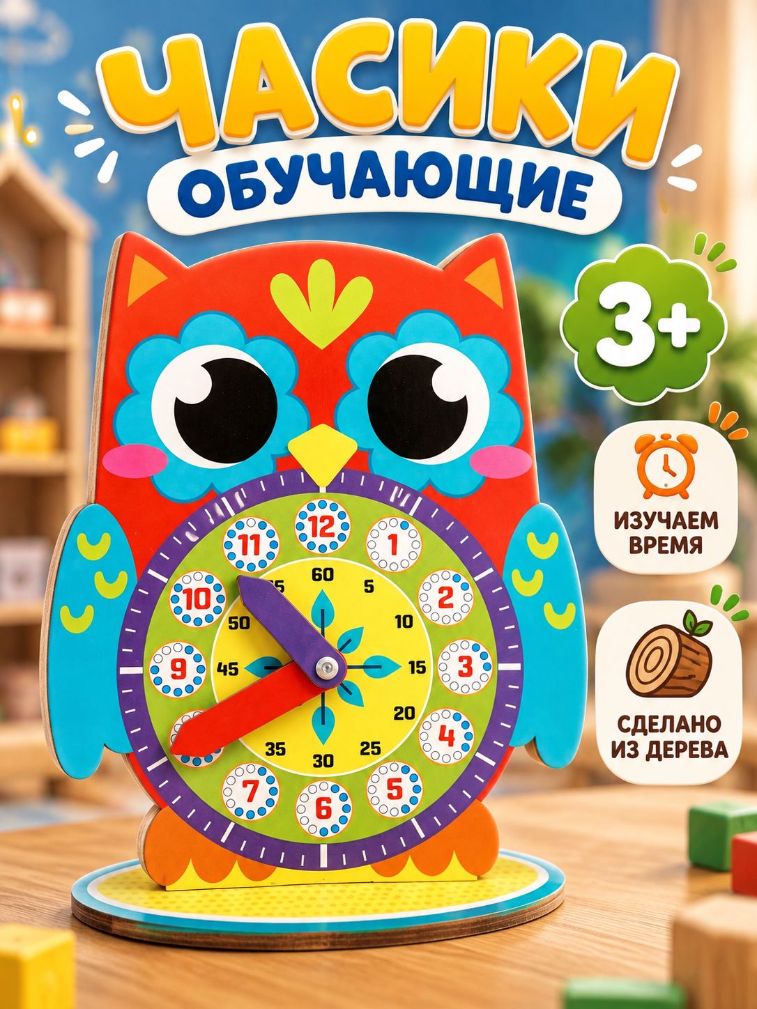 Часы обучающие для детей "Часики. Совёнок" / деревянные игрушки