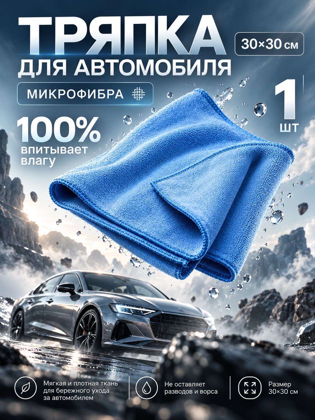 Тряпка для автомобиля, 30х30см, голубая / Микрофибра для автомобиля