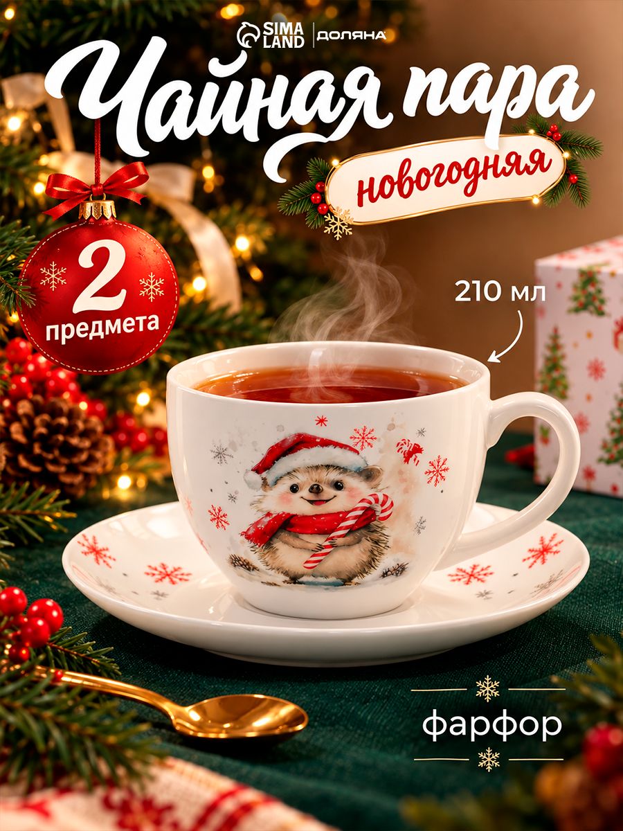Чайная пара новогодняя фарфоровая 210 мл, Доляна "Зимний друг", в подарочной упаковке