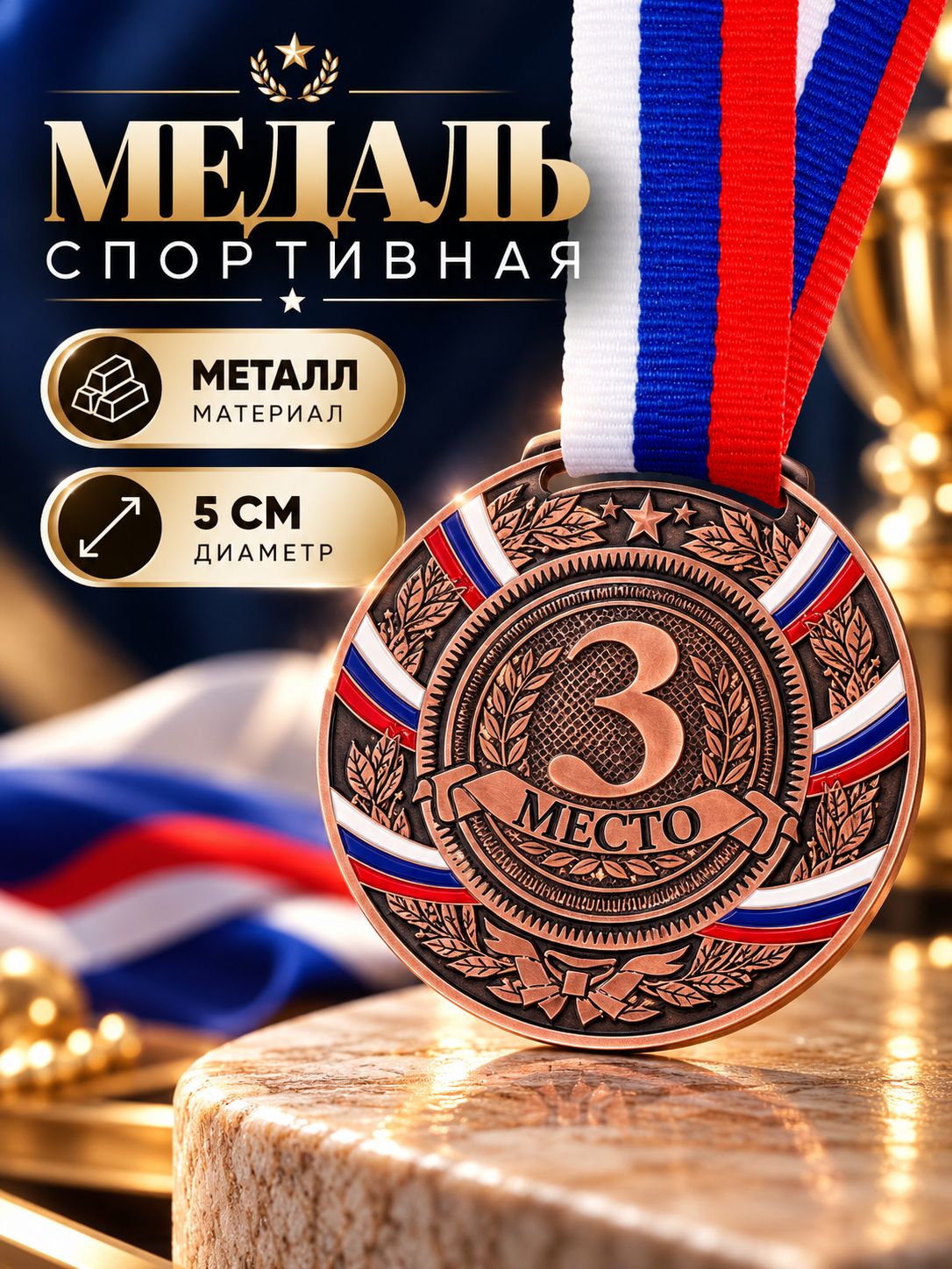 Медаль спортивная "3 место", бронза