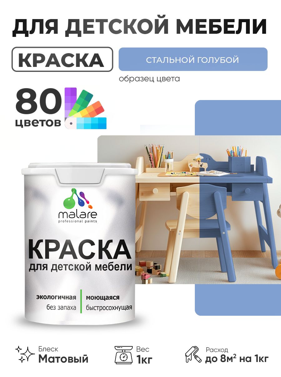 Акриловая краска Malare для детской мебели, мебели из дерева, моющаяся, быстросохнущая без запаха матовая, стальной голубой, 1 кг.
