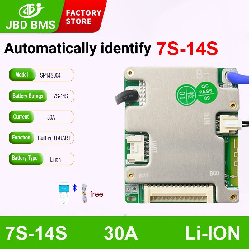 (NMC30A)JBDBMSli-ion30A7S8S9S10S11S12S13S14S24V36V48VВстроенныйBluetoothсфункциейбалансировкиUART