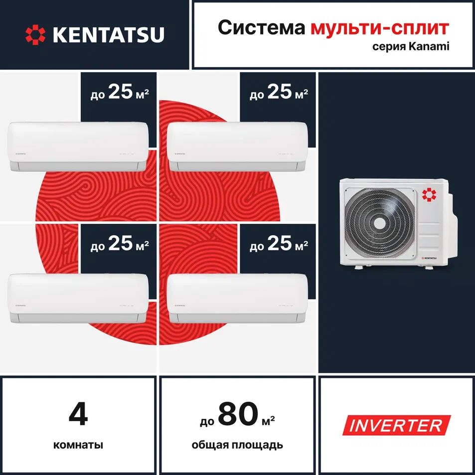 Мульти сплит-система для 4-х комнат Kentatsu K4MRA80HZRN1/KMGA26HZRN1*4 (25 кв.м. + 25 кв.м. + 25 кв.м. + 25 кв.м.)