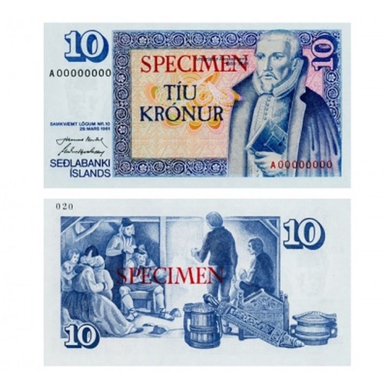 Банкнота10крон,1961,Исландия,надпечаткаобразец