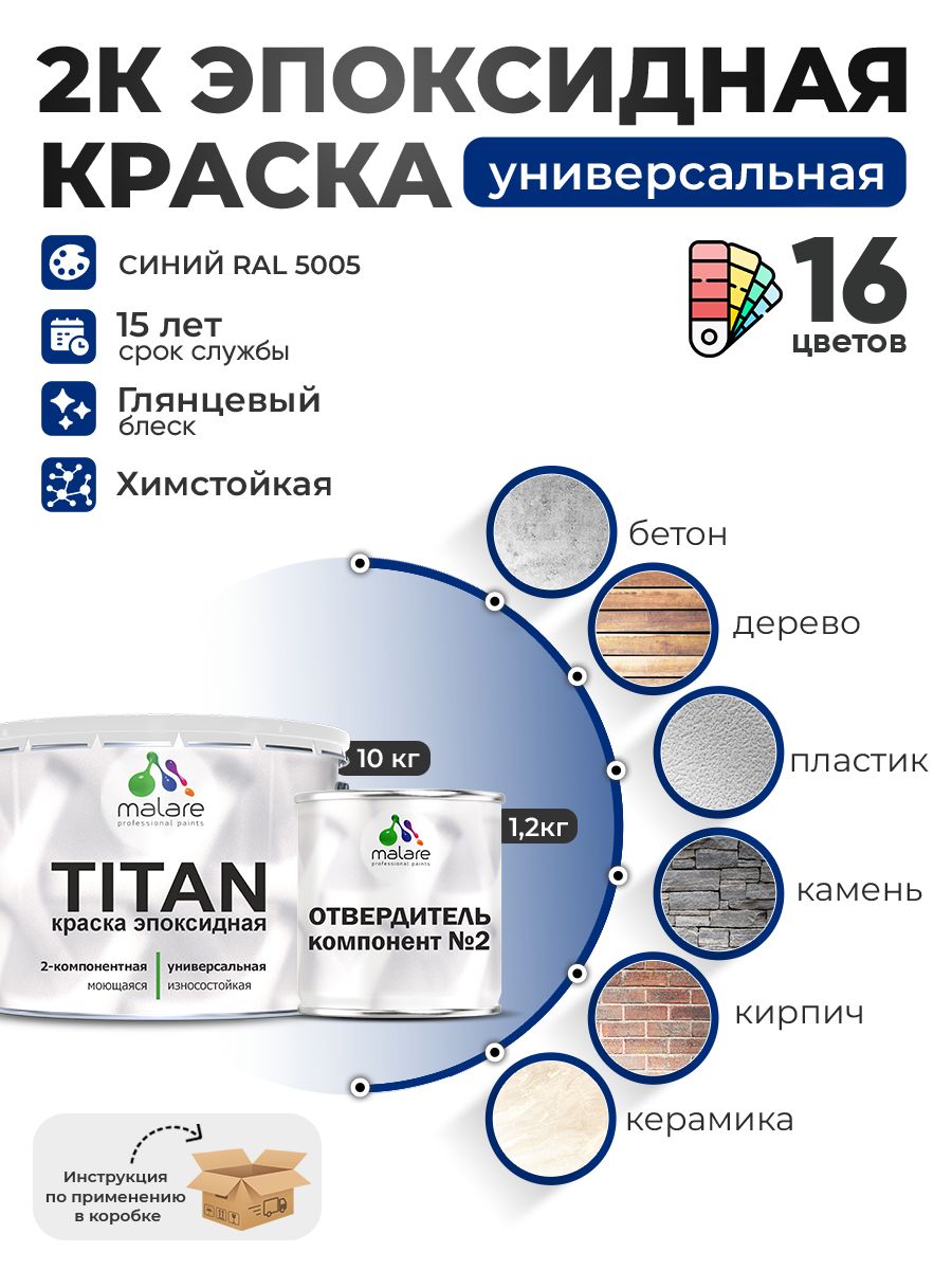 2К Эпоксидная краска Malare TITAN универсальная, двухкомпонентная влагостойкая высокопрочная износостойкая, RAL 5005 синий, глянцевая, (10 кг + 1,2кг отвердитель)