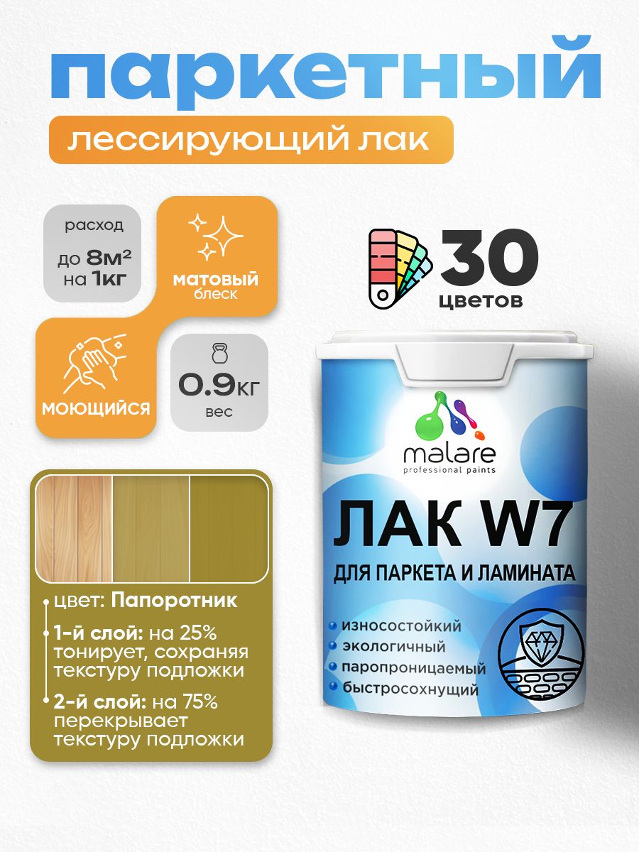 Лак колерованный тонирующий для паркета и ламината Malare W7 для дерева и минеральных поверхностей, износостойкий, водный без запаха, матовый, папоротник, 0.9 кг.