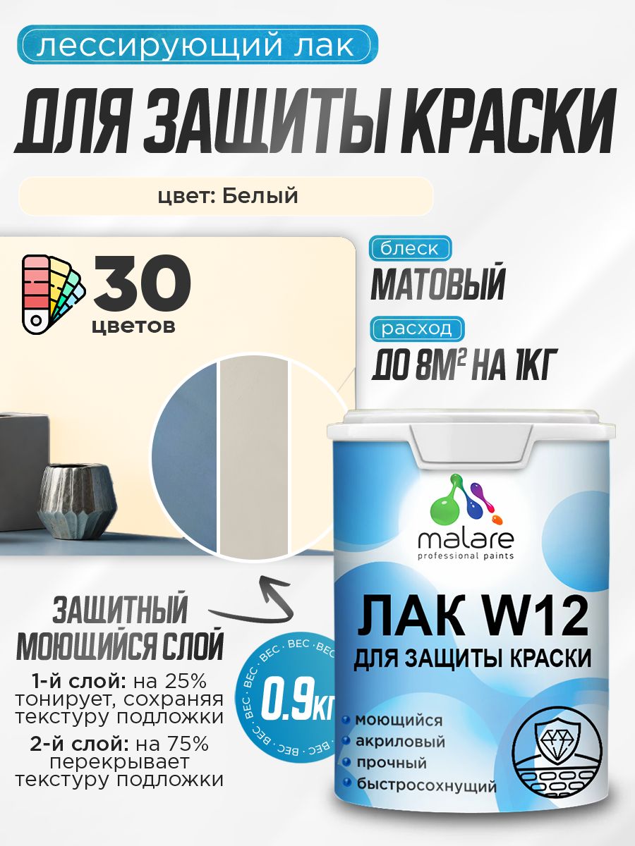 Лак колерованный тонирующий для защиты акриловых красок Malare W12 моющийся универсальный быстросохнущий экологичный, матовый, белый, 0.9 кг.