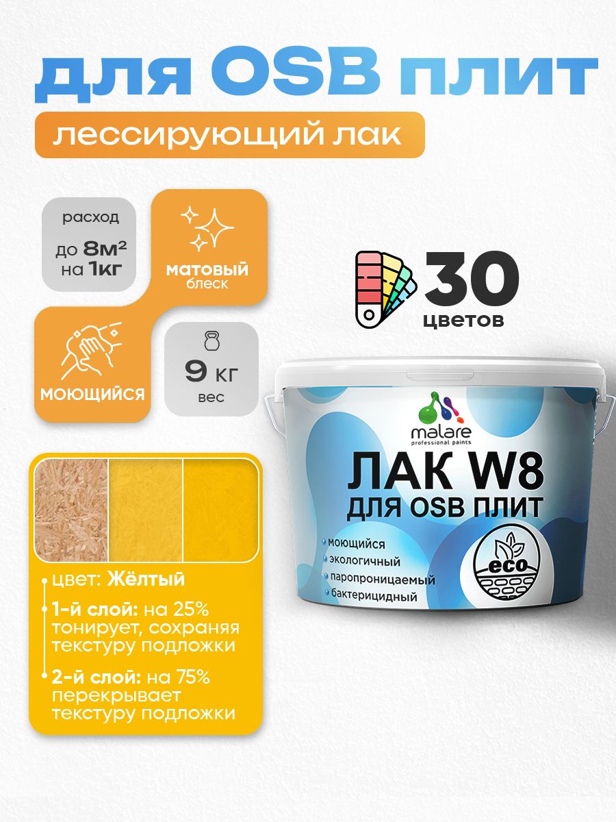 Лак колерованный тонирующий для защиты ОСБ плит Malare W8 для дерева и минеральных поверхностей, паропроницаемый водный без запаха, матовый, желтый, 9 кг.