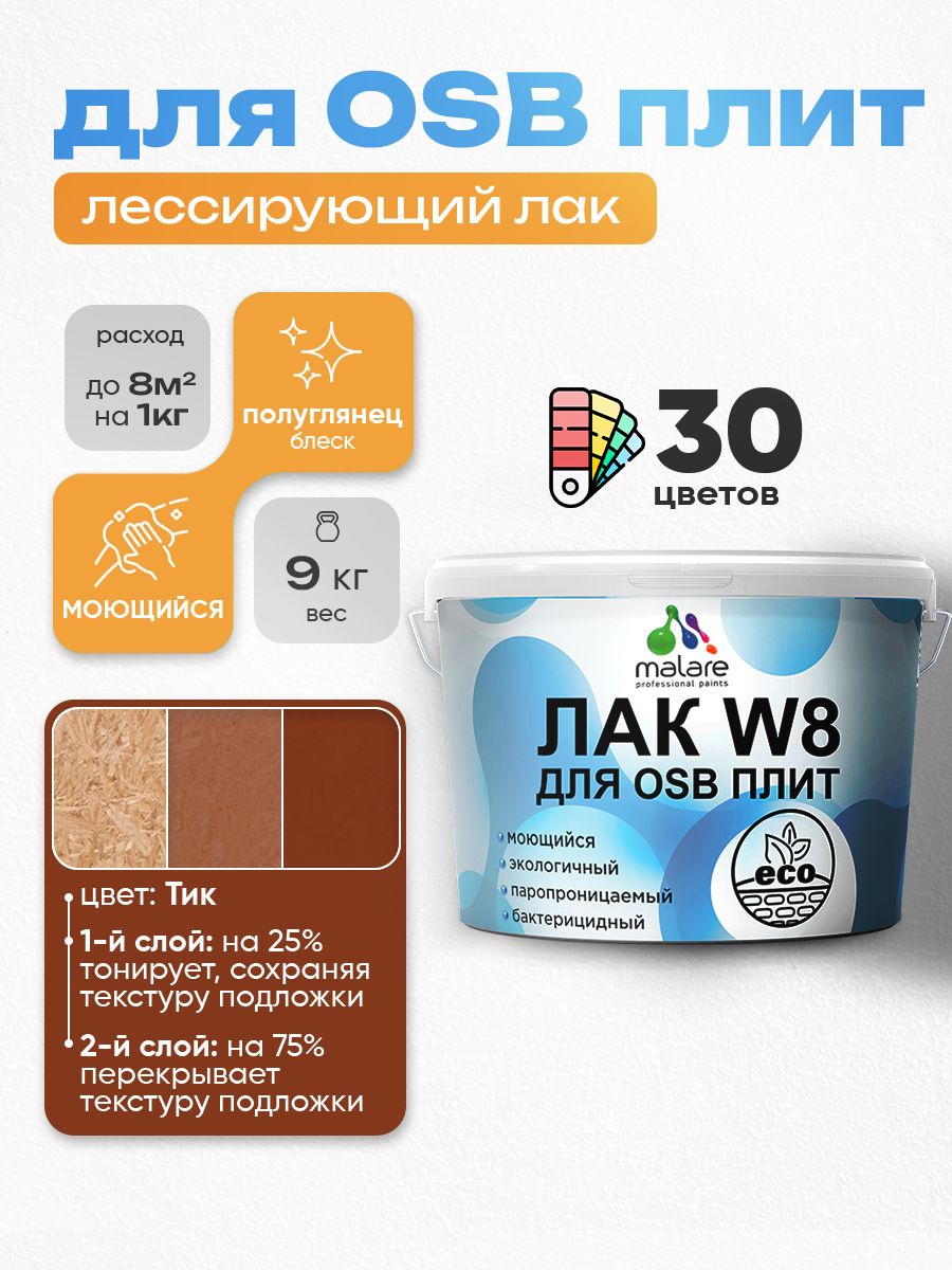 Лак колерованный тонирующий для защиты ОСБ плит Malare W8 для дерева и минеральных поверхностей, паропроницаемый водный без запаха, полуглянцевый, тик, 9 кг.