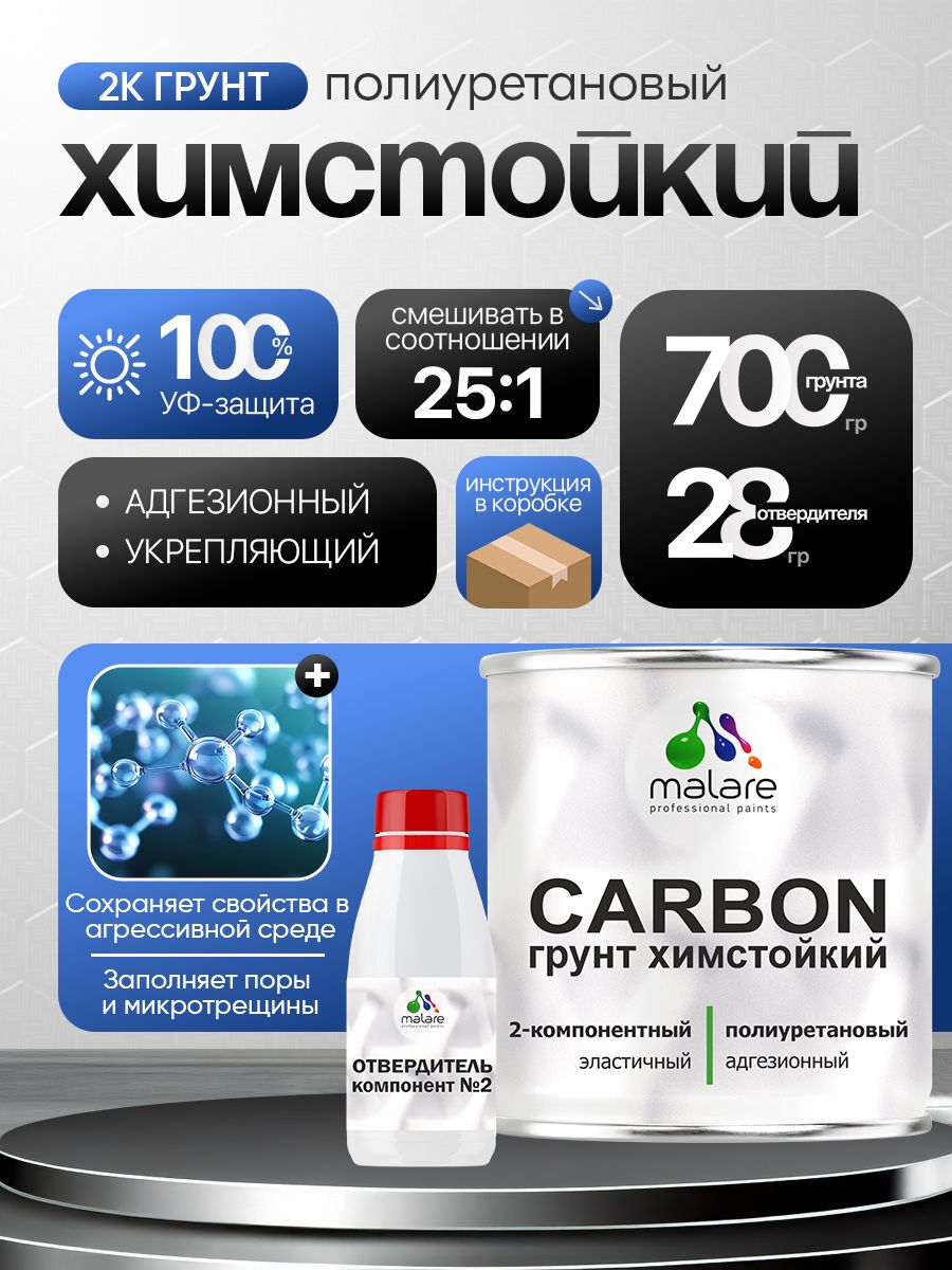 2К Полиуретановый грунт Malare CARBON химстойкий, двухкомпонентный адгезионный выравнивающий высокопрочный износостойкий укрепляющий УФ-стойкий эластичный (0.7 кг + 30 гр отвердитель)