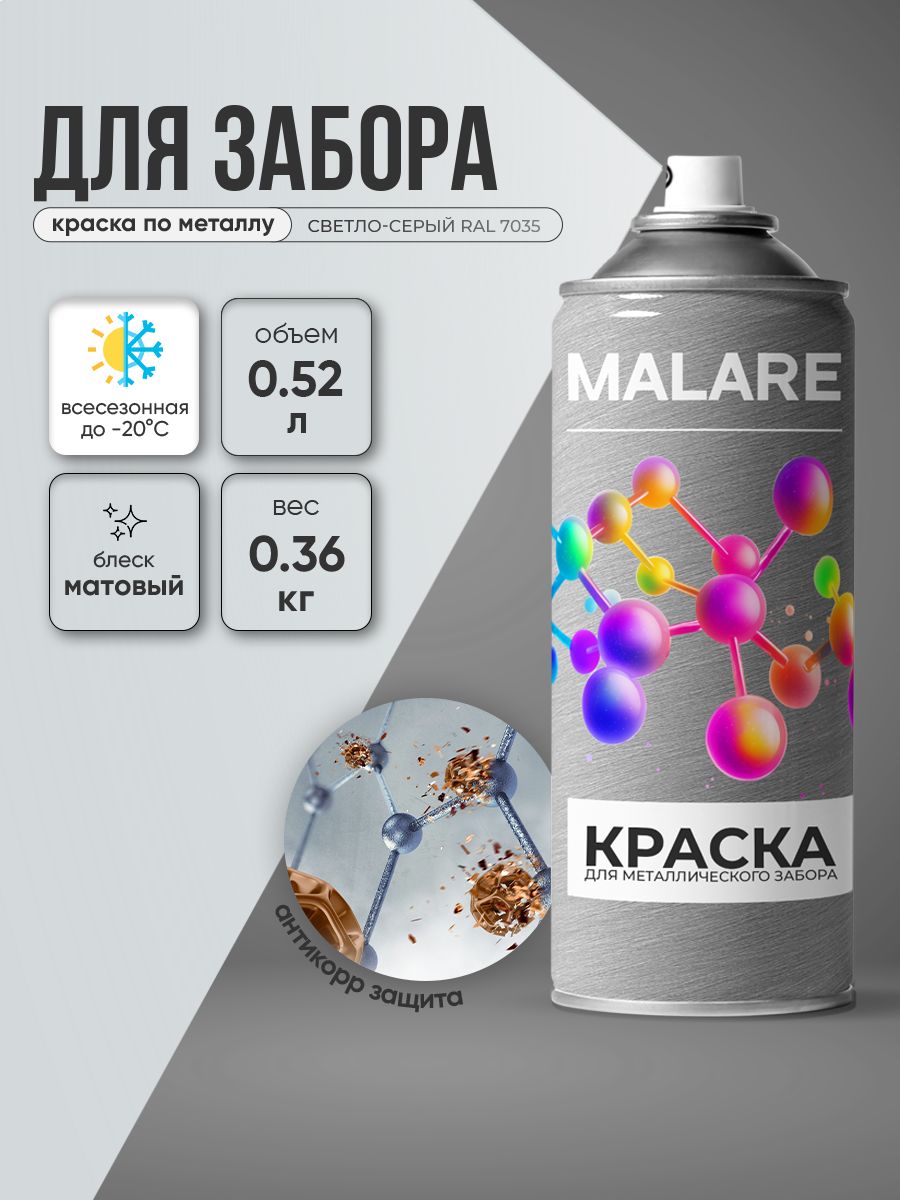 Аэрозольная краска по металлу Malare для крыш и заборов по ржавчине, для наружных работ, быстросохнущая износостойкая, матовый, светло-серый, 520 мл