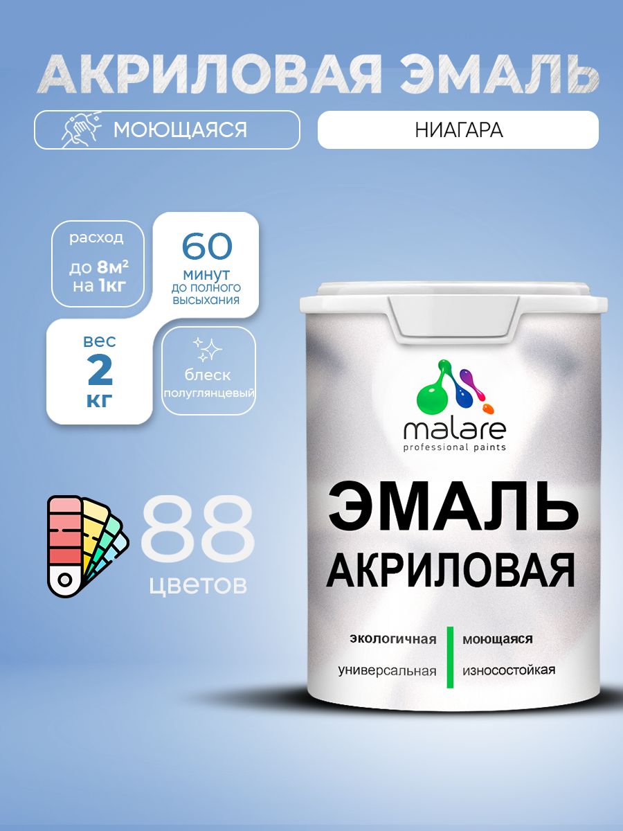 Акриловая эмаль Malare моющаяся для деревянных и минеральных поверхностей, для внутренних и наружных работ, без запаха быстросохнущая, полуглянцевая, ниагара, 2 кг.