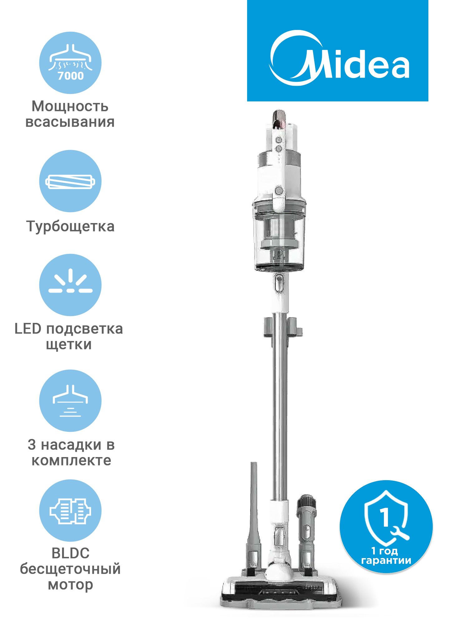Беспроводной вертикальный пылесос Midea VSS1800, 3 насадки, стойка для хранения, турбо-режим, LED подсветка, фильтрация воздуха, белый