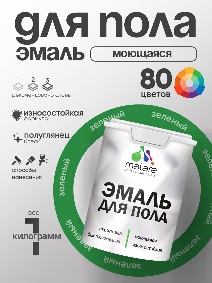 Эмаль для пола акриловая Malare краска для бетонных полов по дереву/ износостойкая без запаха, быстросохнущая моющаяся полуглянцевая, зеленая, 1 кг
