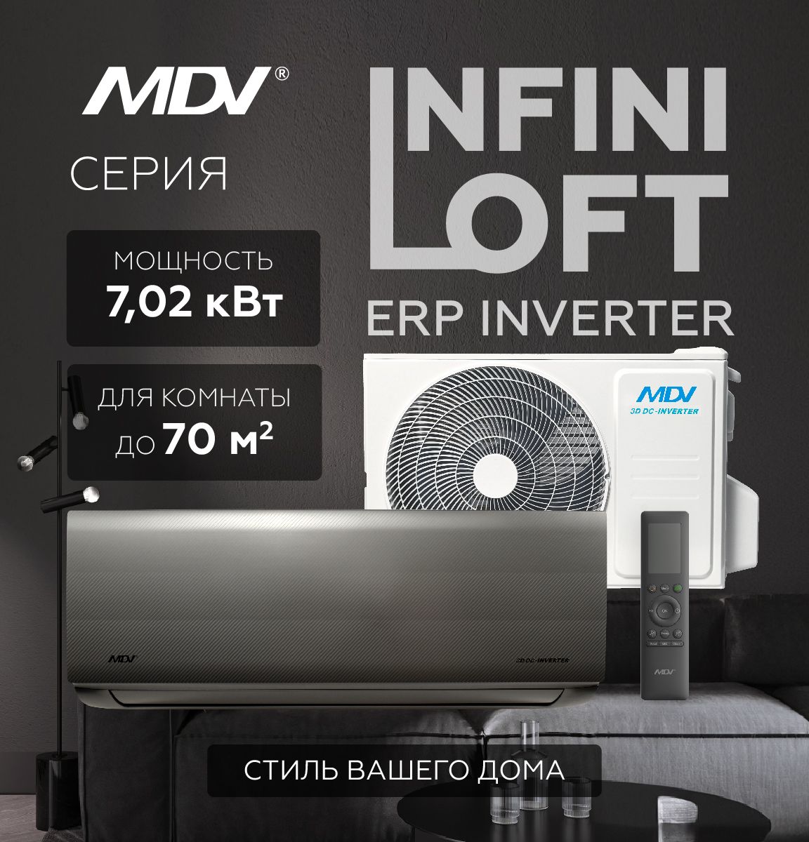 Настенный кондиционер MDV INFINI LOFT ERP INVERTER MDSALF-24HRFN8 / MDOALF-24HFN8, на площадь до 70 кв.м