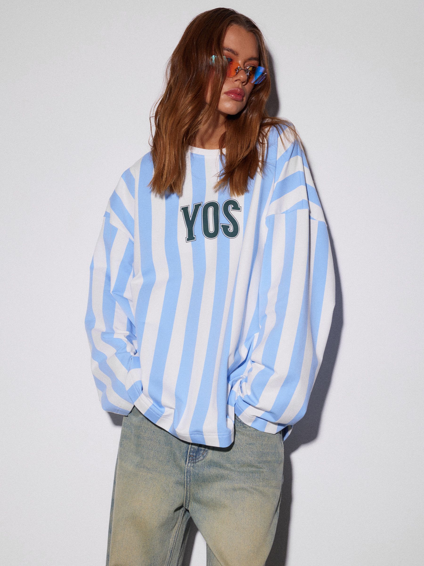 Yos Design Лонгслив YOS DESIGN, белый, оверсайз, голубой, из хлопка купить на OZON ...